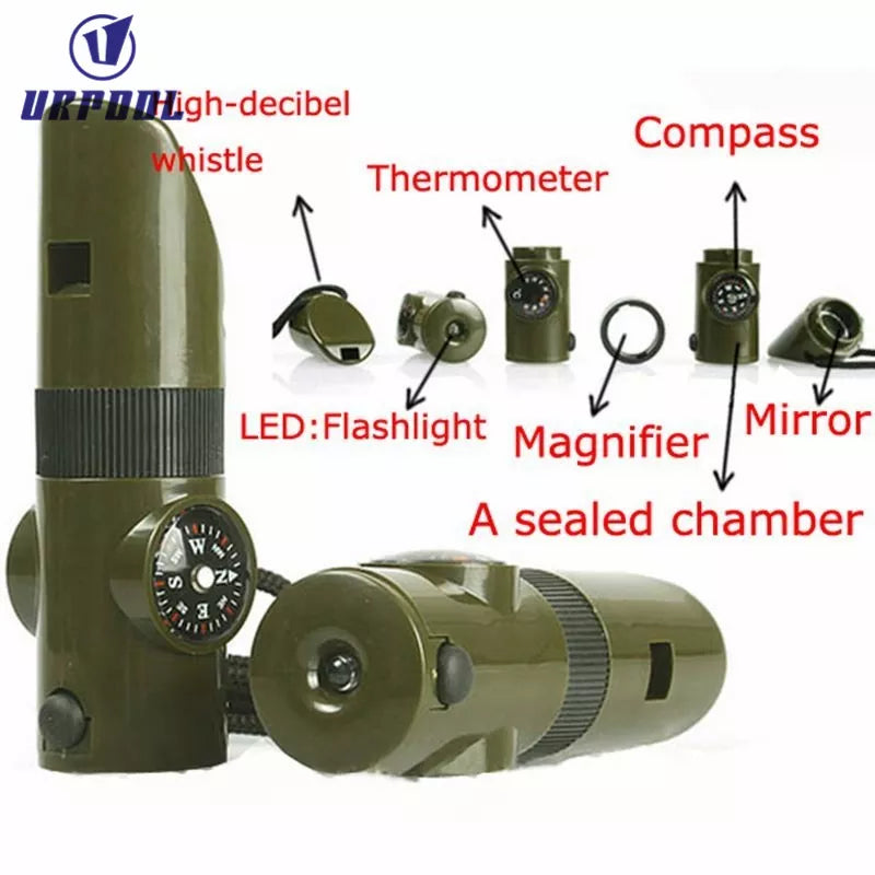 Multifunction 7 in 1 Verktyg - Vissla Kompass Förstoringsglas LED ficklampa Spegel Förvaringsask Termometer- Whistle Compass Thermometer Magnifier Viewfinder Whistle