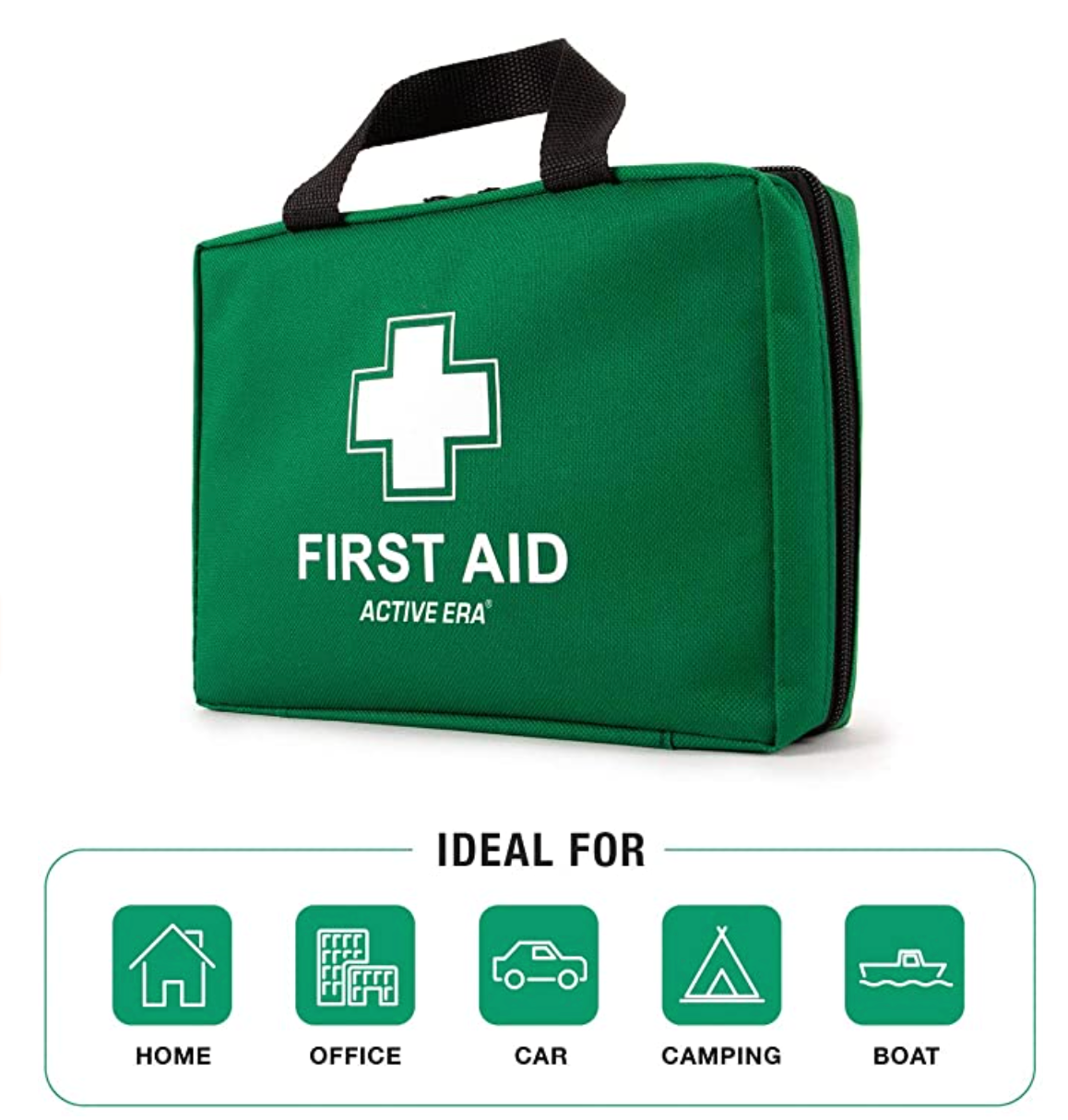 Första hjälpen-set – 220-delar - innehåller kylpaket, CPR-mask, ögonsköljning, räddningsfilt för hem, kontor eller bil | grön