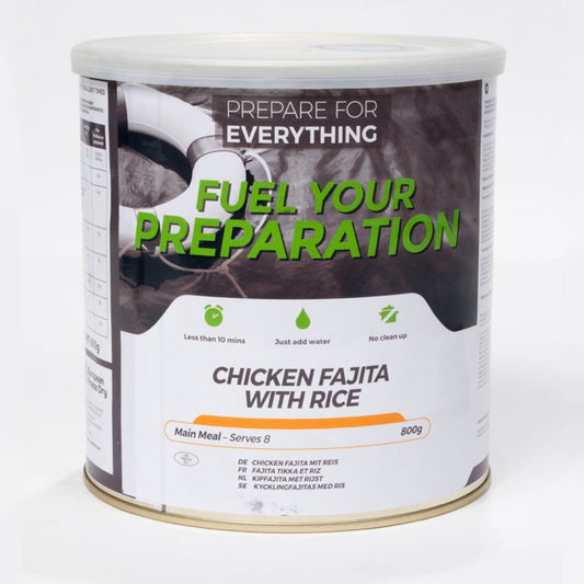 Kyckling Fajita med Ris Burk 8 portioner - Frystorkad - Chicken Fajita with Rice Tin - Fuel Your Preparation. ca 25 års hållbarhet.
