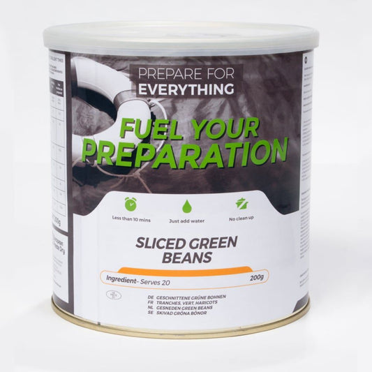 Gröna bönor Burk 20 portioner - Frystorkad - FYP Sliced Green Beans Tin - Fuel Your Preparation. ca 25 års hållbarhet.