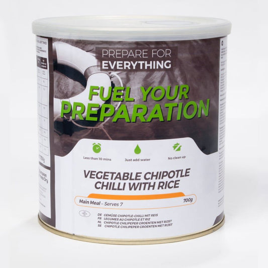 Vegetarisk Chili med ris Burk 7 portioner - Frystorkad - Vegetable Chilli with Rice Tin - Fuel Your Preparation. ca 25 års hållbarhet.