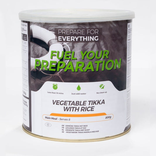 Vegetarisk tikka med ris Burk 8 portioner - Frystorkad - Vegetable Tikka with Rice Tin - Fuel Your Preparation. ca 25 års hållbarhet.